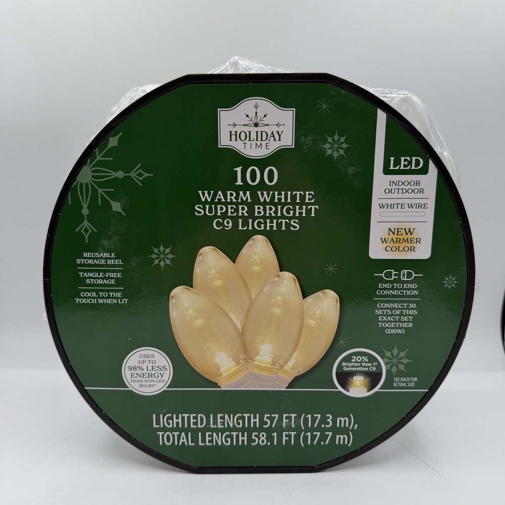 Holiday Time 100 Count Warm White LED Super Bright C9 Christmas Lights‎ 58.1 Ft